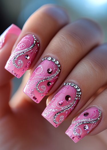 Vibrant pink nail art with intricate silver swirls and sparkling rhinestones for a glamorous look.