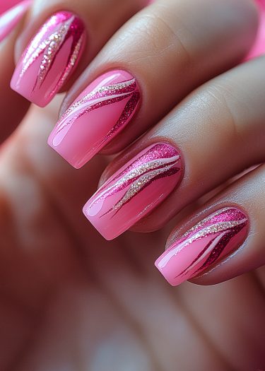 Vibrant pink glitter nail art with elegant gold designs and a flawless finish.