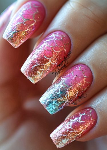 Stunning pink glitter nails with elegant ombre and mermaid scale design.