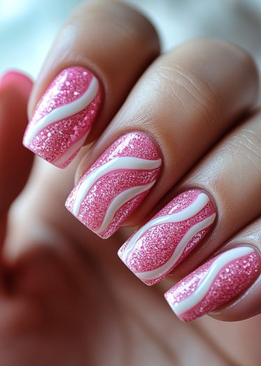 Vibrant pink glitter nails with elegant white wavy lines for glamorous nail art.