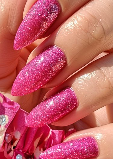 Glamorous pink glitter stiletto nails shine brightly against a matching embellished background.