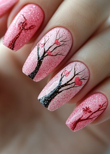 Elegant pink glitter tree nail art with hearts, showcasing intricate design and craftsmanship.