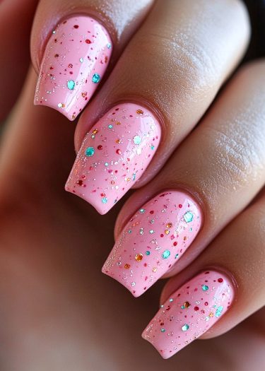 Elegant pink nail art with sparkly multicolored embellishments, showcasing a stylish manicure.