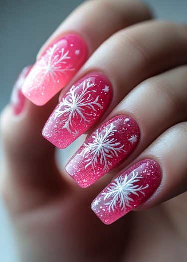 Stunning pink gradient nails with floral designs and glitter for a festive look.