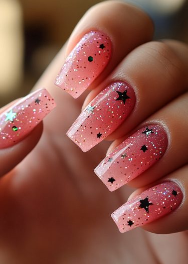 Elegant pink gradient nail art with glitter, stars, and multicolored confetti accents.