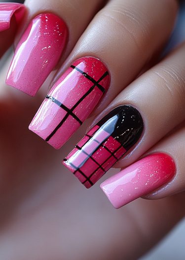 Elegant pink gradient nail art with geometric designs and sparkling glitter accents.