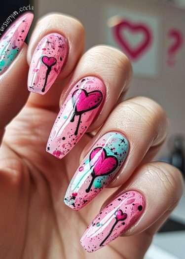 Vibrant pink and blue heart nail art with graffiti designs and dynamic splatter effects.