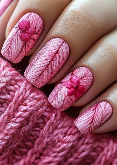 Soft pink knitted nail art with delicate floral details on cozy fabric background.