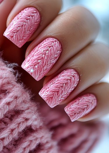 Chic pink knitted nail art with textured design, complemented by a matching cozy garment.