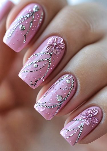 Elegant pink metallic nail art with rhinestones and a floral accent for a luxurious look.