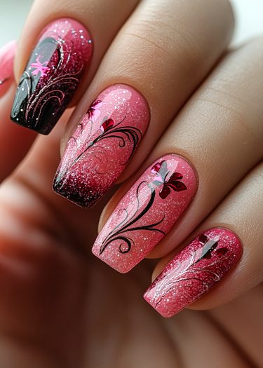 Elegant pink ombre floral nail art with glossy finish and sparkling details for a chic look.