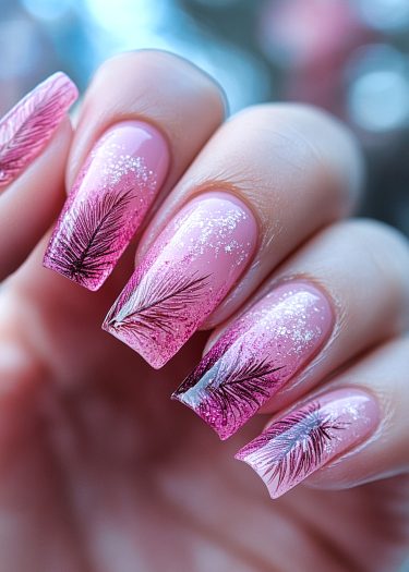 Elegant pink ombre nail art with feather designs and glitter for a stunning manicure.