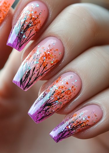 Artistic pink and purple gradient nails with intricate tree branch designs and shimmering glitter accents.