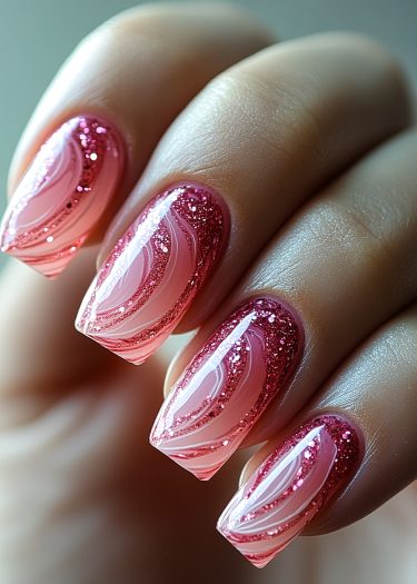 Exquisite pink and glittery magenta nail design featuring intricate marbling patterns.