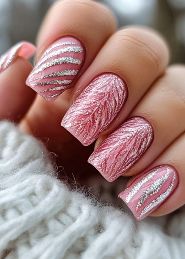 Elegant pink and silver zigzag nail art design on beautifully manicured nails.