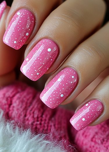 Vibrant pink manicured nails with whimsical white dots on a plush pink background.