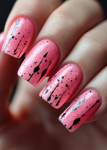 Vibrant pink splatter nail art with bold black accents for a creative and edgy look.