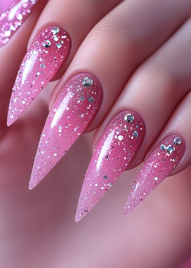 Vibrant pink stiletto nails with glitter and rhinestones for a bold, elegant look.