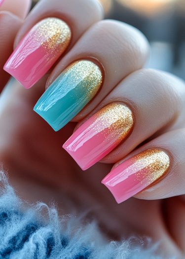 Vibrant pink and teal nail art with gold glitter, showcasing trendy manicured designs.