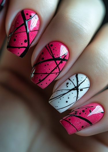 Vivid pink and white abstract nail art with geometric designs and accents of black.