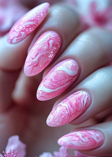 Elegant pink and white marble nail art with glitter on almond-shaped nails.