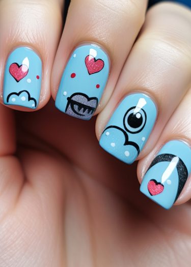 Vibrant blue nail art featuring playful hearts and eyes in bold black and red designs.