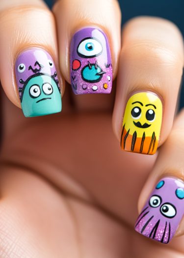 Colorful cartoon monster nail art featuring vibrant designs and playful expressions on each nail.