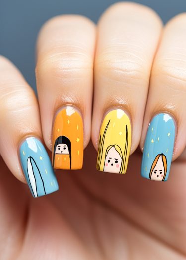 Whimsical nail art features playful faces and colorful designs on a vibrant blue and orange background.