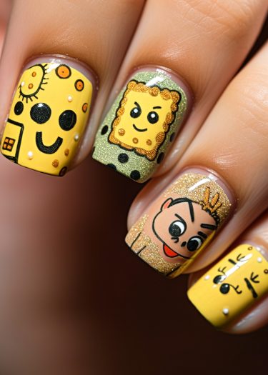 Colorful cartoon nail art designs with playful characters and vibrant patterns for creative manicures.