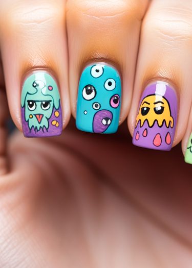 Creative cartoon character nail designs featuring vibrant colors and whimsical aesthetics.