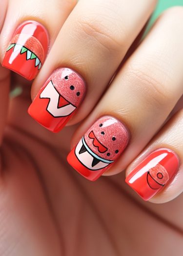 Vibrant playful monster nail art on red polish showcasing unique cartoon characters.