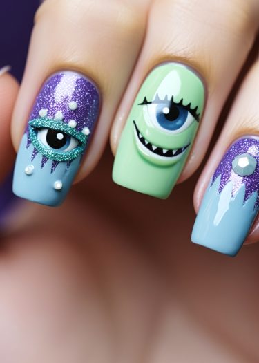 Colorful nail art featuring whimsical monster designs, glitter, and rhinestones for playful styles.