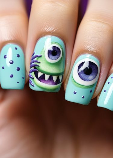 Colorful playful monster nail art in pastel blue with detailed cartoon design and glossy finish.