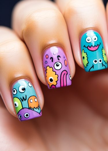 Vibrant monster-themed nail art featuring playful designs and bright colors for creative style.