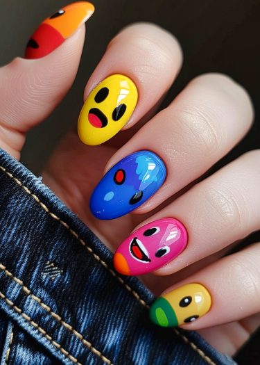 Vibrant, playful nail art featuring animated faces in various colors and expressions on each nail.