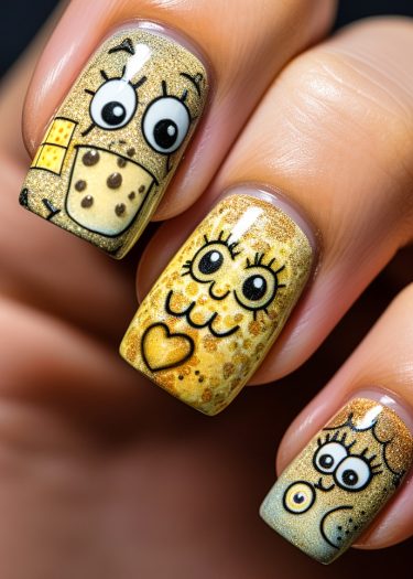 Vibrant cartoon-style nail art featuring playful characters with gold and brown hues.