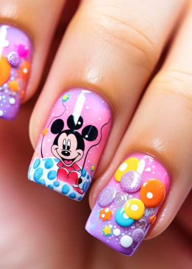 Playful nail art featuring pastel gradients and cartoon character design with colorful 3D embellishments.