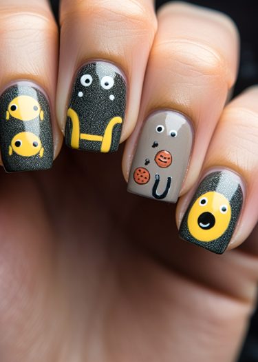 Unique playful nail art designs in black, gray, and vibrant yellow for a whimsical look.