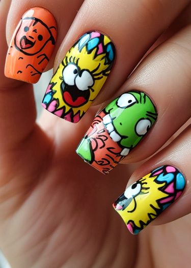 Vibrant nail art featuring cartoon characters with colorful designs and playful expressions.