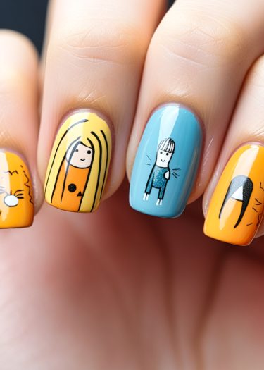 Vibrant cartoon-inspired nail art designs in bright colors for playful, creative looks.