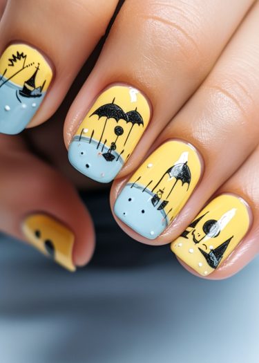 Playful pastel nail art featuring whimsical designs of umbrellas and raindrops on vibrant colors.