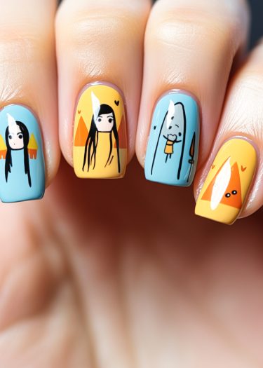 Colorful pastel nail art featuring whimsical characters and playful designs on four fingernails.