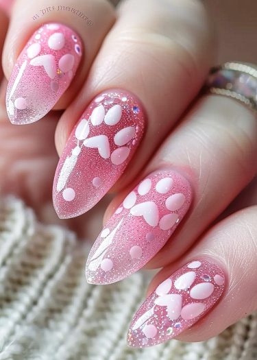 Elegant pink almond nails featuring playful paw print designs and sparkling rhinestones.