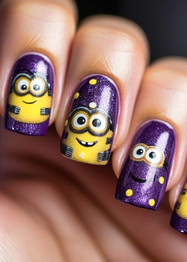 Colorful minion nail art on glossy purple polish for playful and creative nail designs.