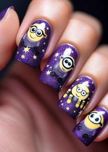 Vibrant purple nail art featuring playful yellow characters and whimsical stars for a festive look.