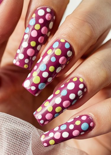 Vibrant polka dot manicure with bordeaux base and pastel dots on elegantly manicured nails.