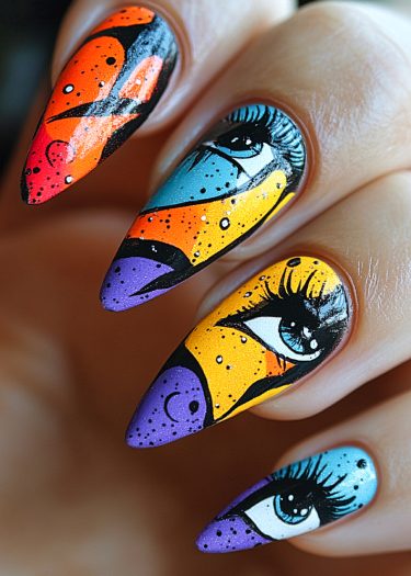 Vibrant pop art nail art featuring bold designs and intricate eye details.