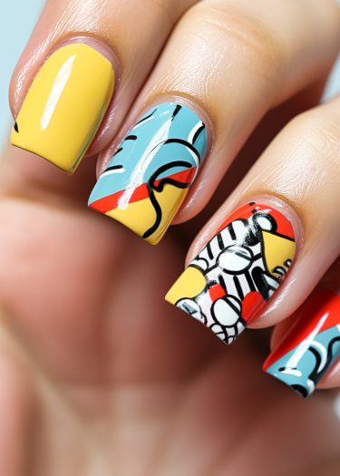 Vibrant pop art nail design featuring intricate patterns and bold colors.