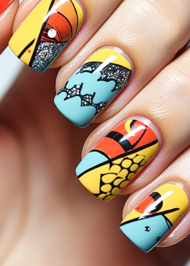 Vibrant pop art nail design featuring bold colors, geometric patterns, and glittery accents.