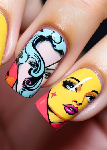 Vibrant pop art nail designs featuring comic-style female faces and bold colors.